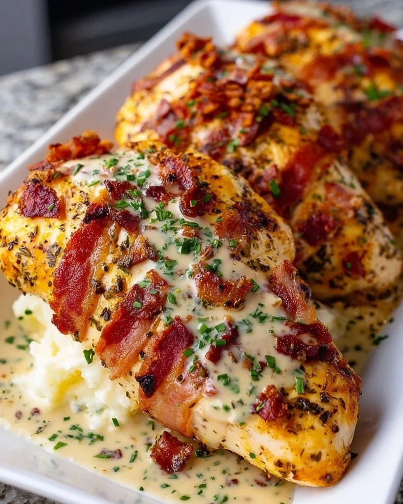 Delicious Bacon Ranch Chicken topped with crispy bacon and ranch dressing