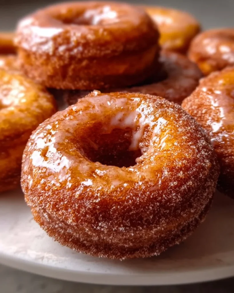 Baked apple cider doughnuts topped with cinnamon maple glaze on a rustic table
