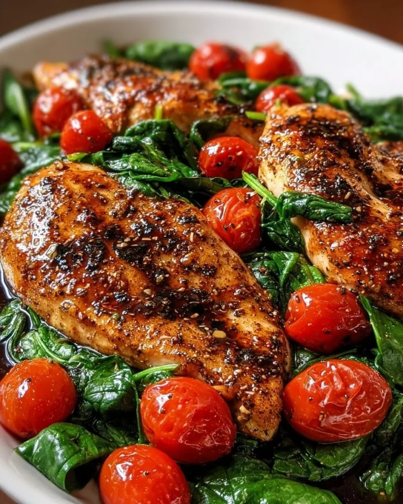 Balsamic chicken breast with spinach and tomatoes on a plate