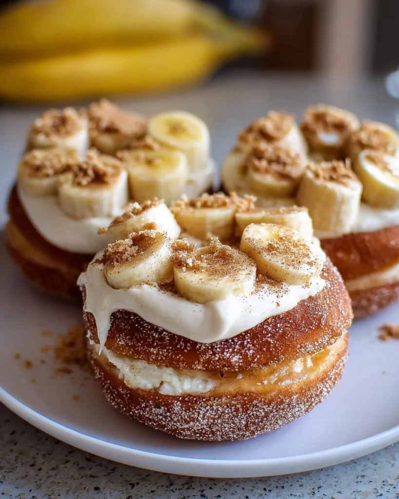Fresh banana donuts with cinnamon cream cheese frosting on a plate
