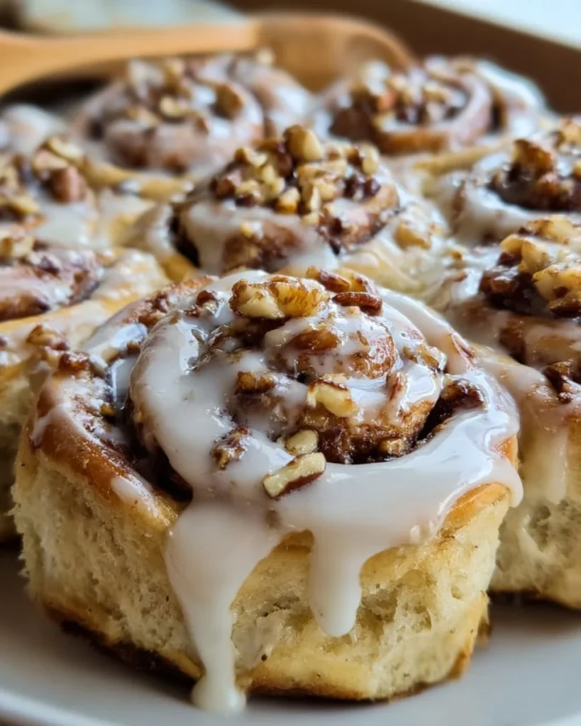 Freshly baked banana nut cinnamon rolls with nuts and cinnamon glaze