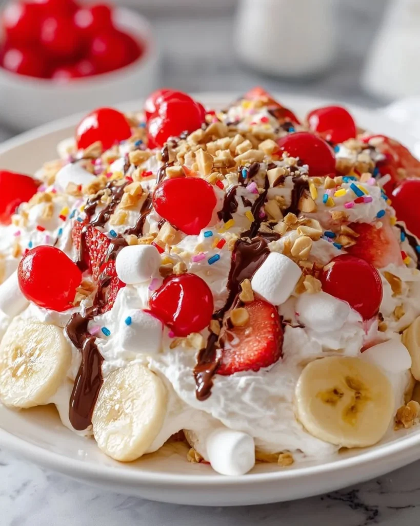 Delicious Banana Split Fluff Salad with bananas, pineapple, and cream