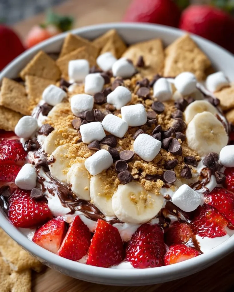 Creamy Banana Split S'mores Dip served with graham crackers and fresh fruit.