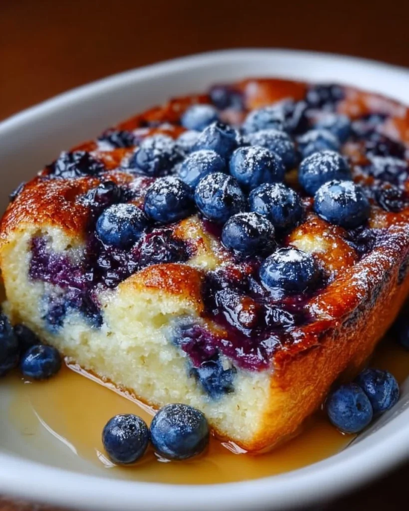 Blueberry buttermilk pancake casserole ready to serve for breakfast