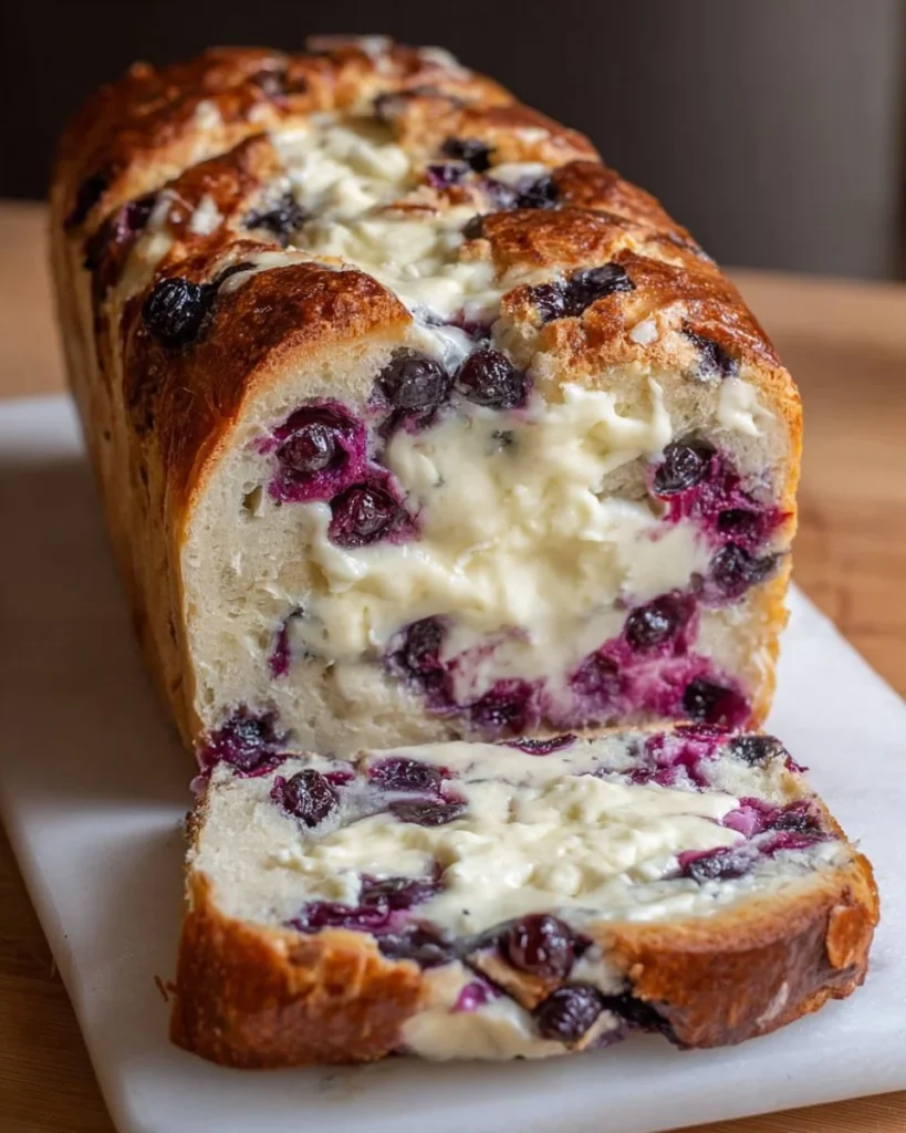 Freshly baked Blueberry Cream Cheese Sourdough Loaf with blueberries and cream cheese filling