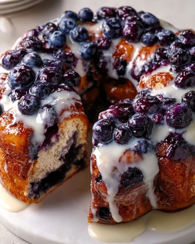 Delicious Blueberry Monkey Bread topped with fresh blueberries and icing