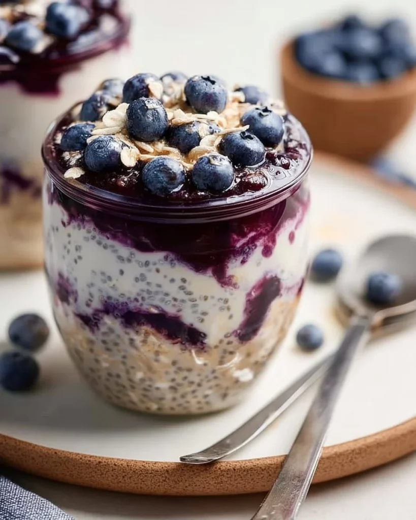 A bowl of delicious blueberry overnight oats topped with fresh berries.