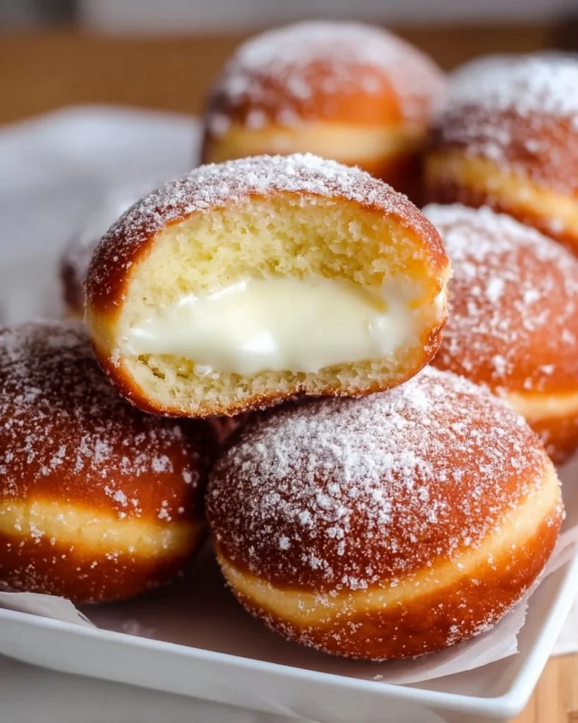 Delicious Bomboloni, Italian doughnuts, dusted with sugar and filled with cream.