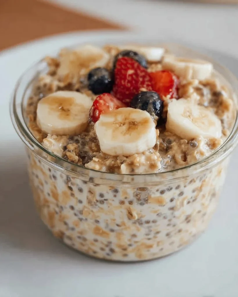 Delicious brown sugar overnight oats in a bowl topped with fruits and nuts