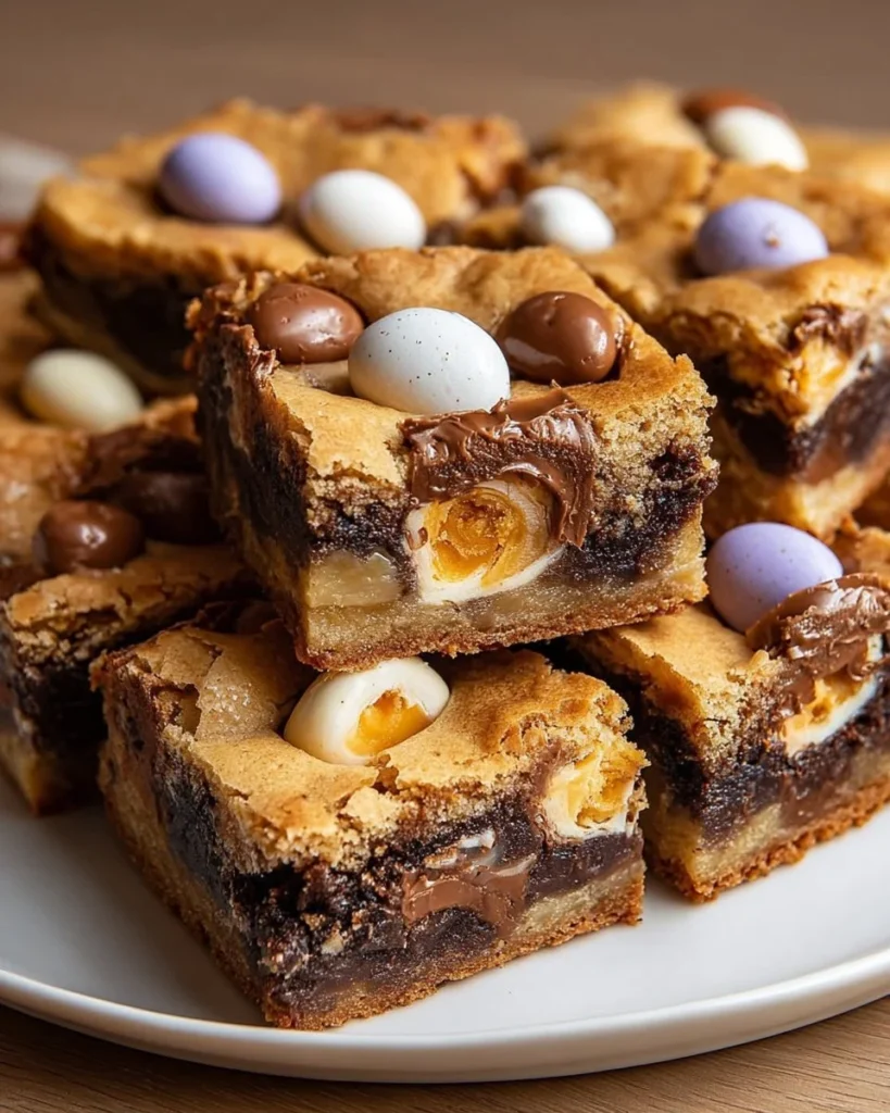 Delicious Cadbury Egg Cookie Bars with chocolate eggs and cookie base