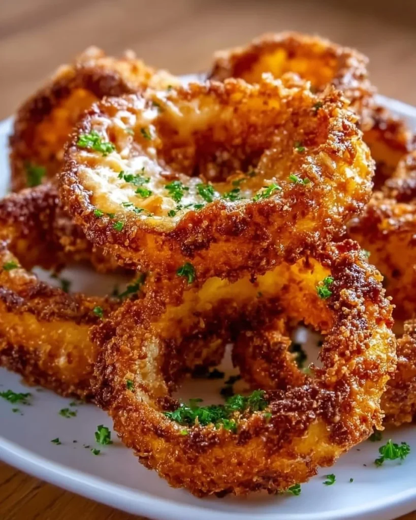 Cheesy keto onion rings on a plate, crispy and flavorful low-carb snack.