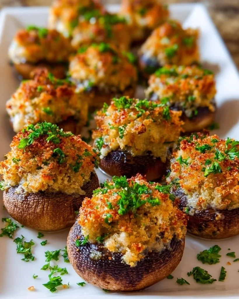 Plate of cheesy stuffed mushrooms topped with herbs and spices