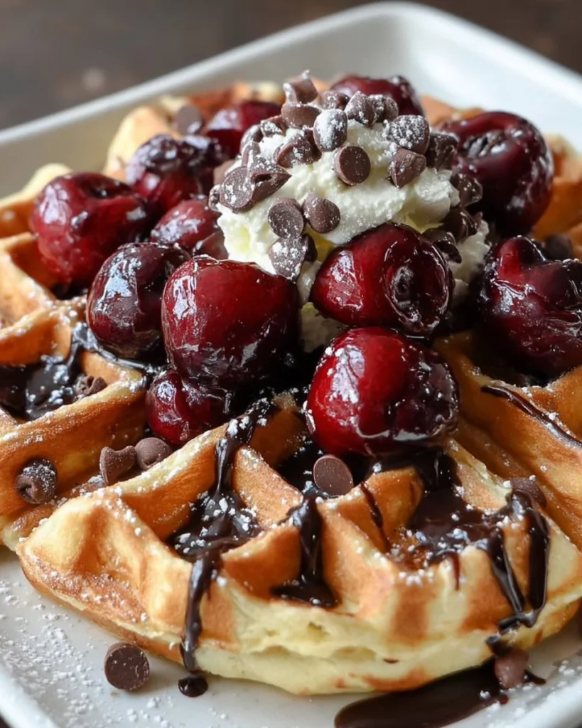 Delicious Cherry Chocolate Chip Waffles stacked on a plate with syrup
