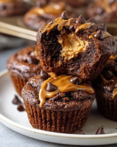 Delicious chocolate peanut butter muffins stacked on a plate