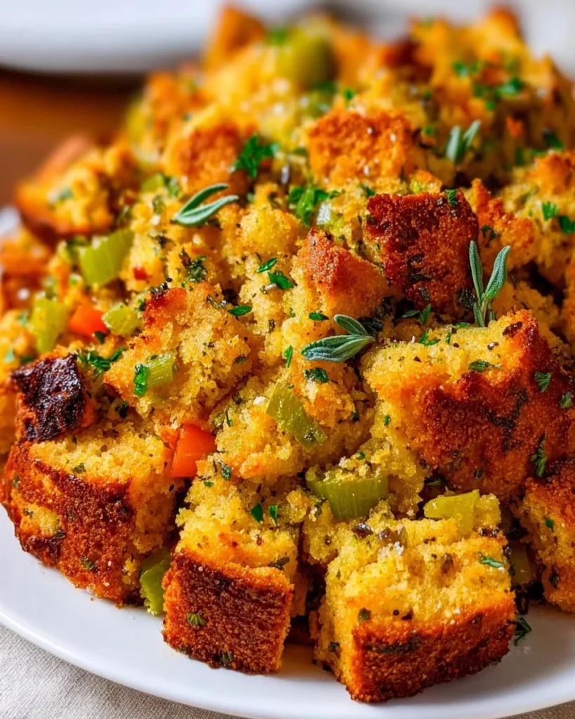 Bowl of savory cornbread stuffing with herbs and spices