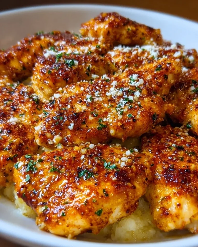 Cottage Cheese Parmesan Firecracker Chicken on a plate garnished with herbs