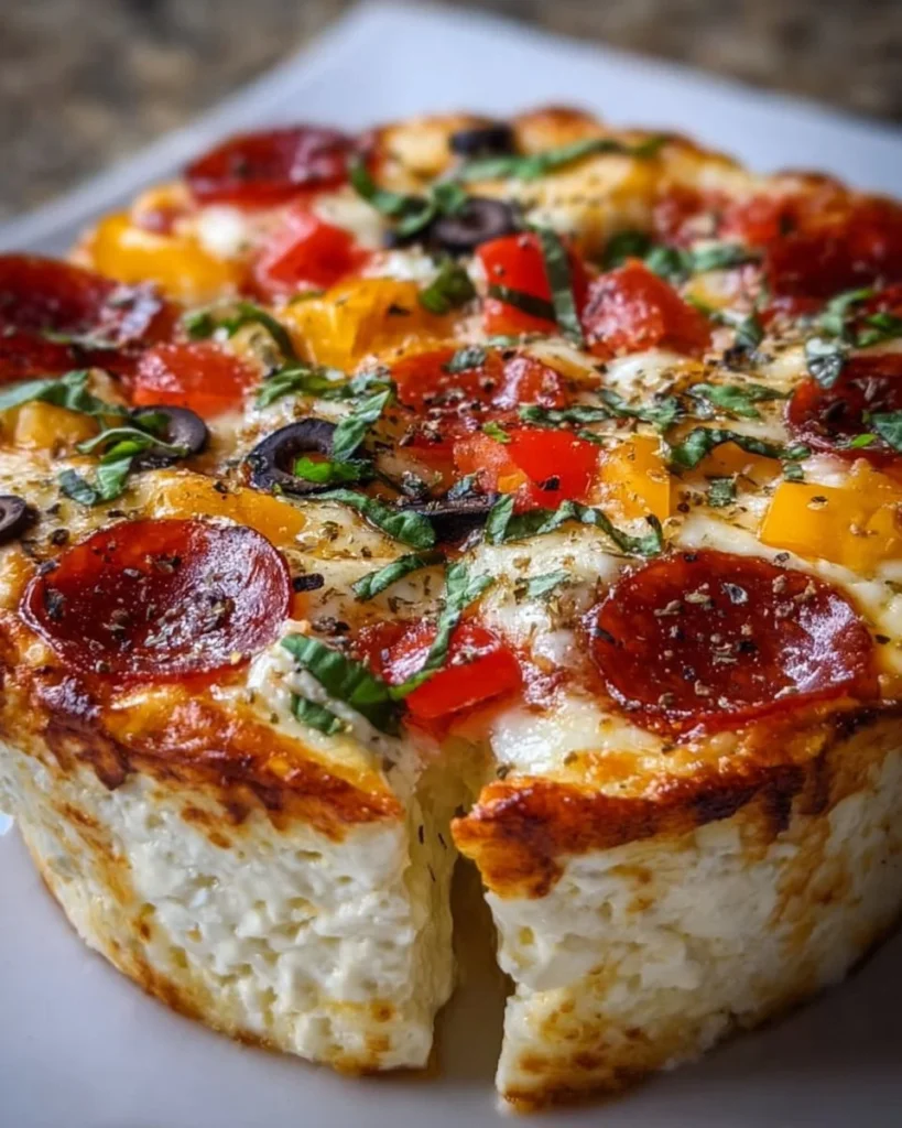 Cottage Cheese Pizza Bowl topped with fresh ingredients and melted cheese
