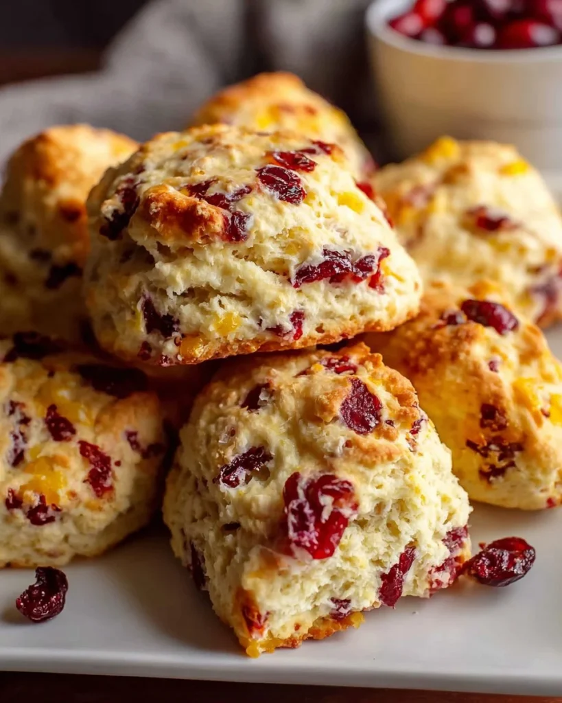 Freshly baked cranberry orange scones on a cooling rack
