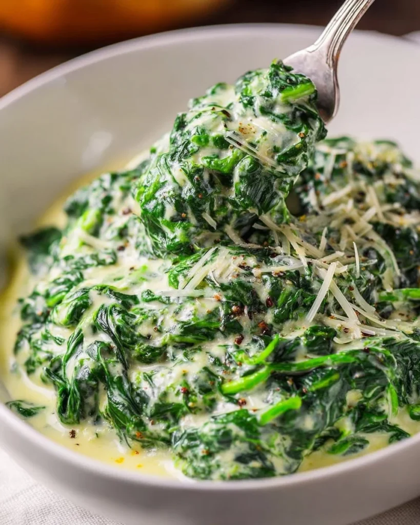 Delicious bowl of creamed spinach served as a side dish