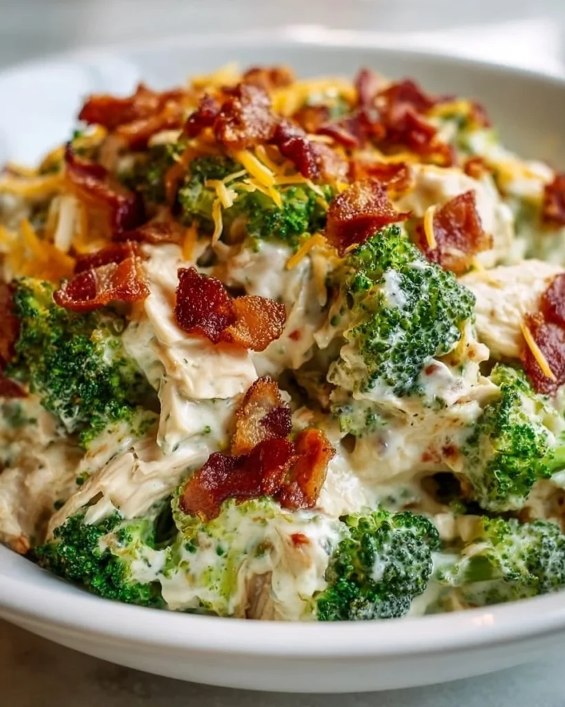 Creamy low carb chicken casserole with broccoli and bacon in a baking dish