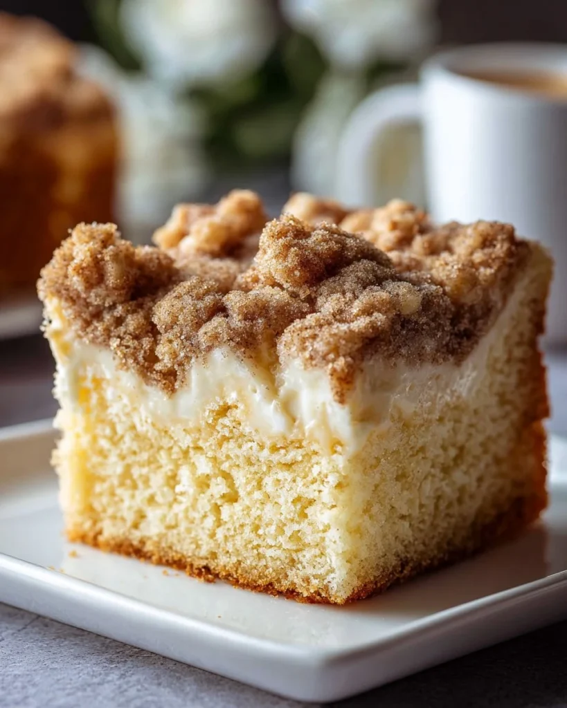 Freshly baked crumb cake with a golden crumb topping and rich flavors.