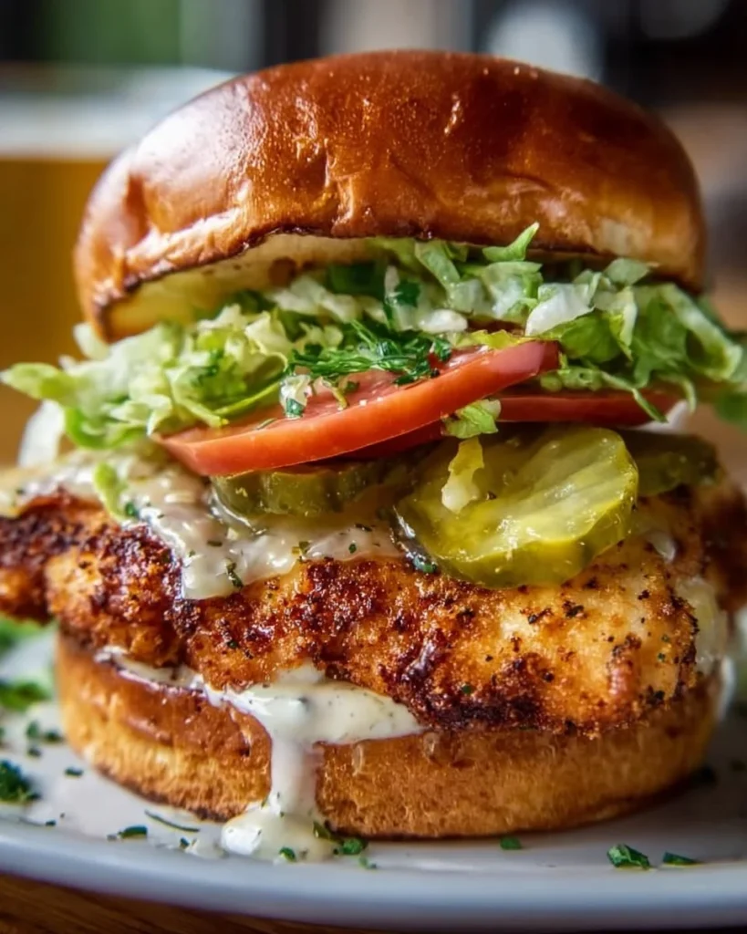 Dill Pickle Chicken Sandwich with pickles and sauce on a toasted bun