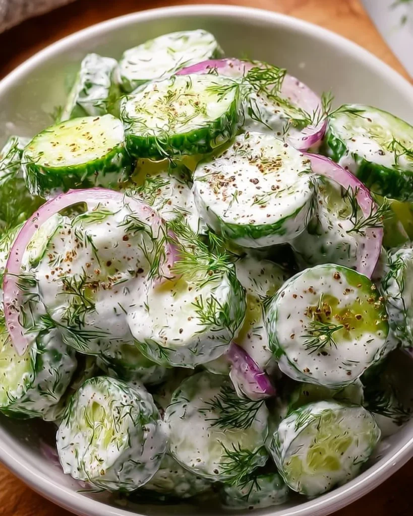 Dill Yogurt Cucumber Salad with fresh dill and cucumber slices