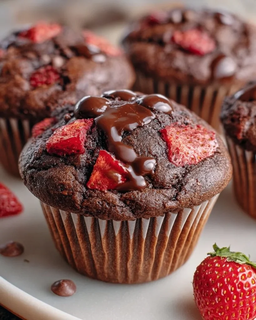Delicious double chocolate strawberry muffins with fresh strawberries