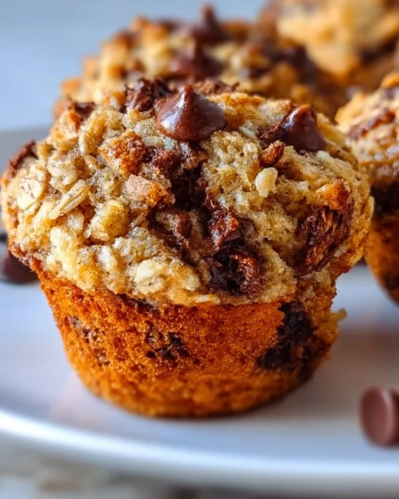 Freshly baked oatmeal chocolate chip muffins on a wooden table