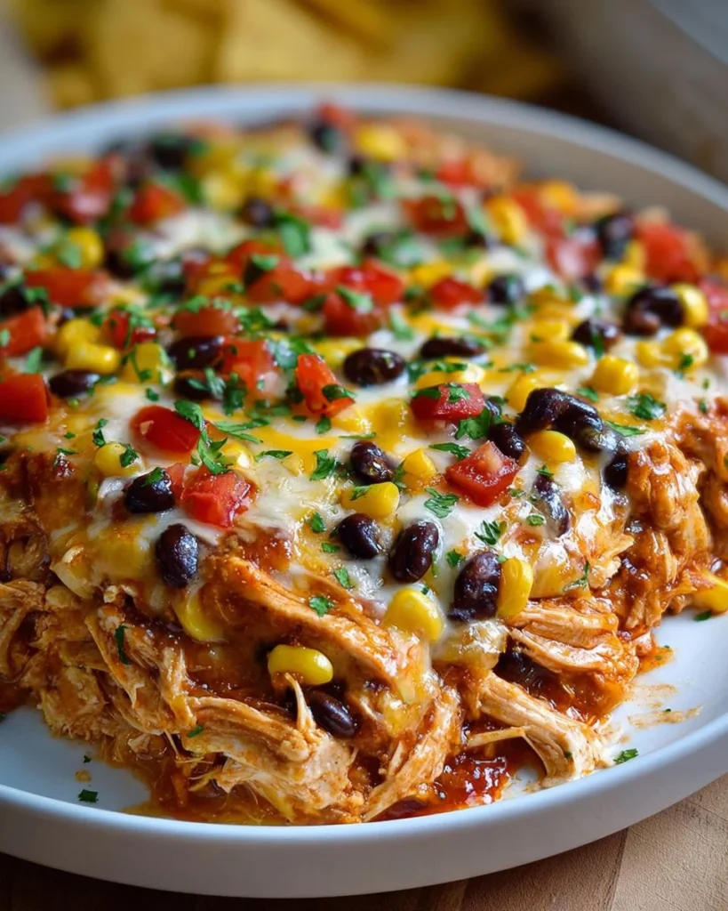 Delicious Fiesta Chicken Casserole Bake topped with colorful ingredients