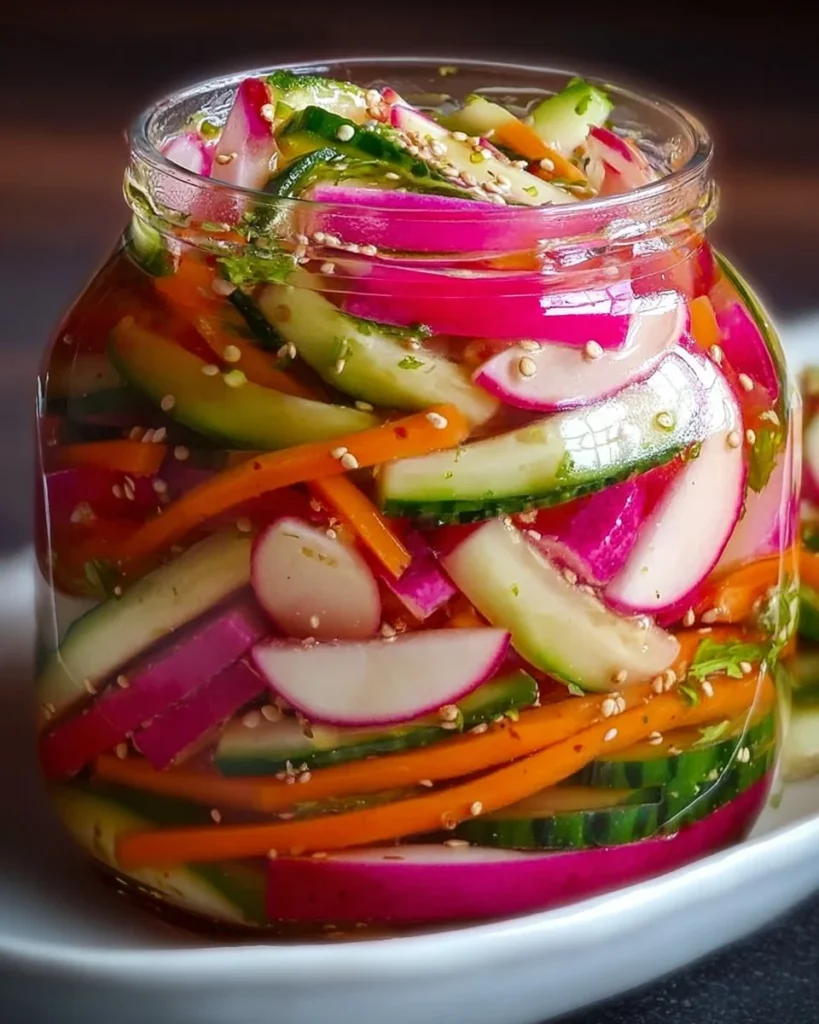 Homemade fridge pickled radish and assorted veggies in jars
