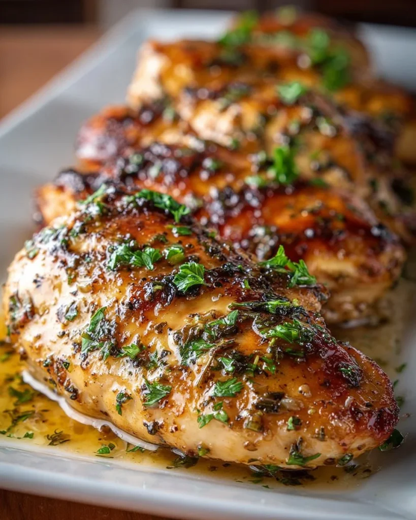 Delicious Garlic Butter Chicken served on a plate with herbs.