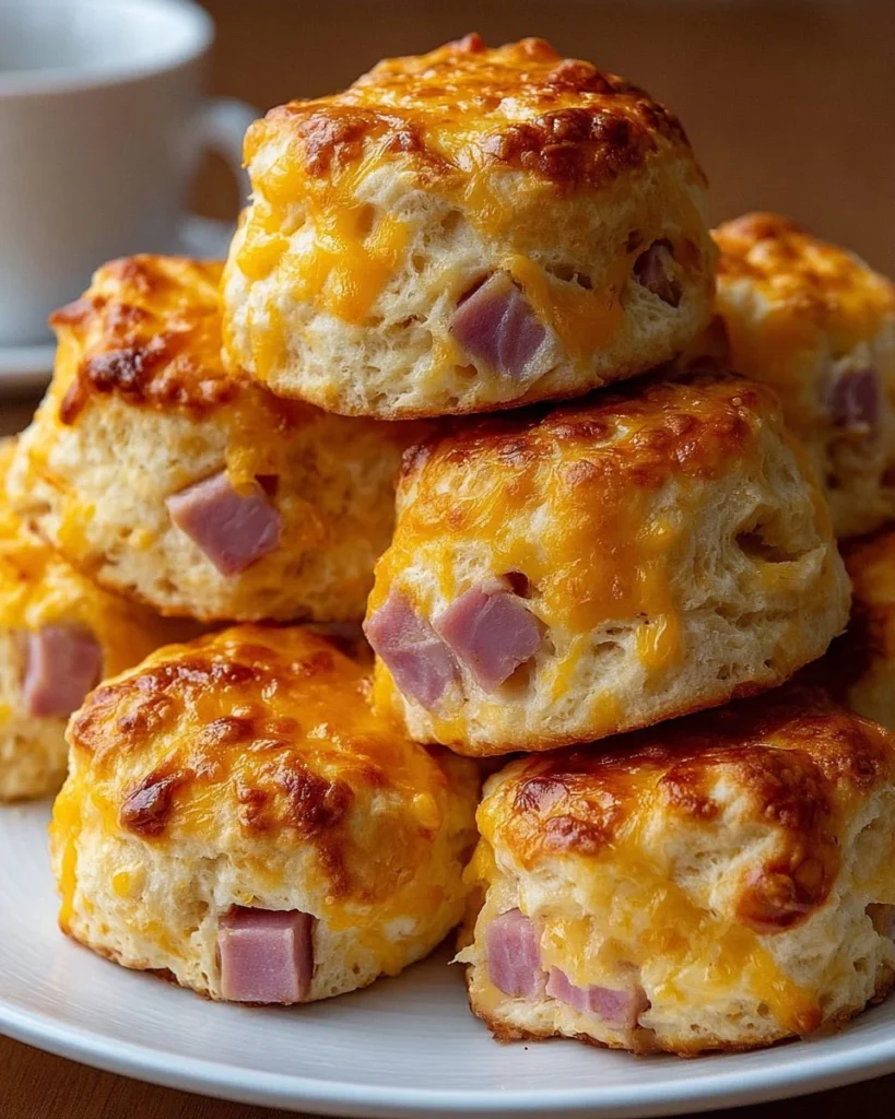 Fluffy ham and cheese biscuits fresh out of the oven, perfect for any meal.