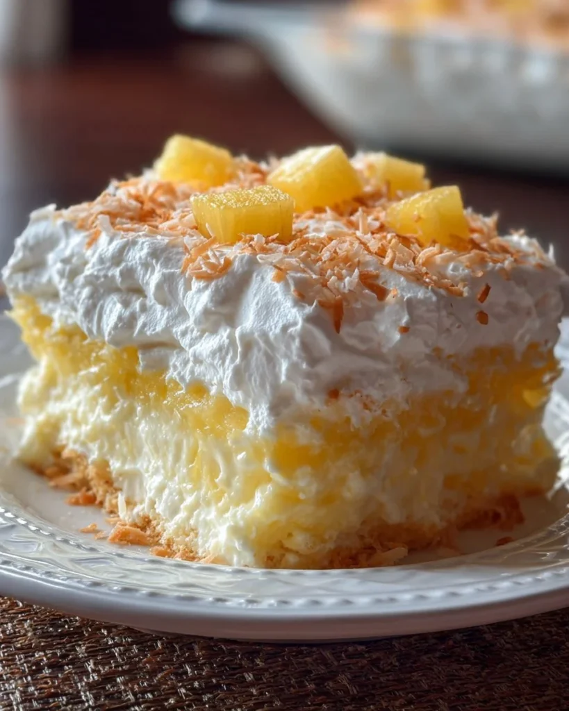 Hawaiian Pineapple Coconut Fluff dessert topped with coconut flakes and pineapple chunks.