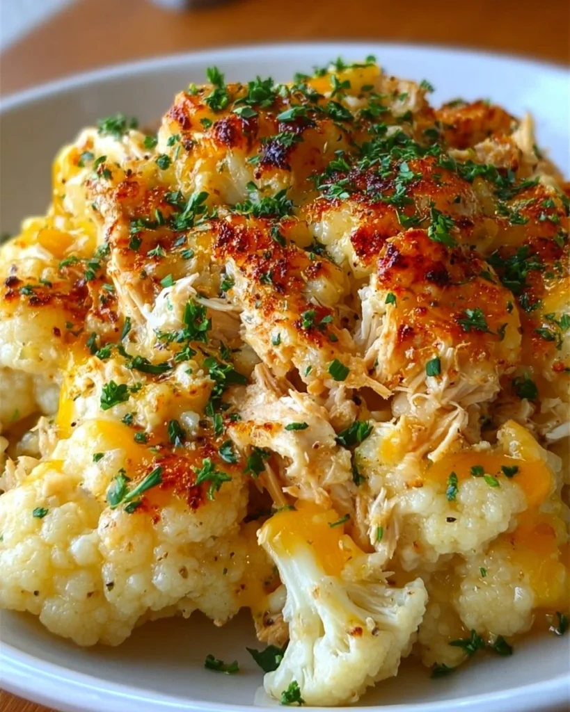 Healthy chicken cauliflower casserole baked until golden and bubbling in a dish.
