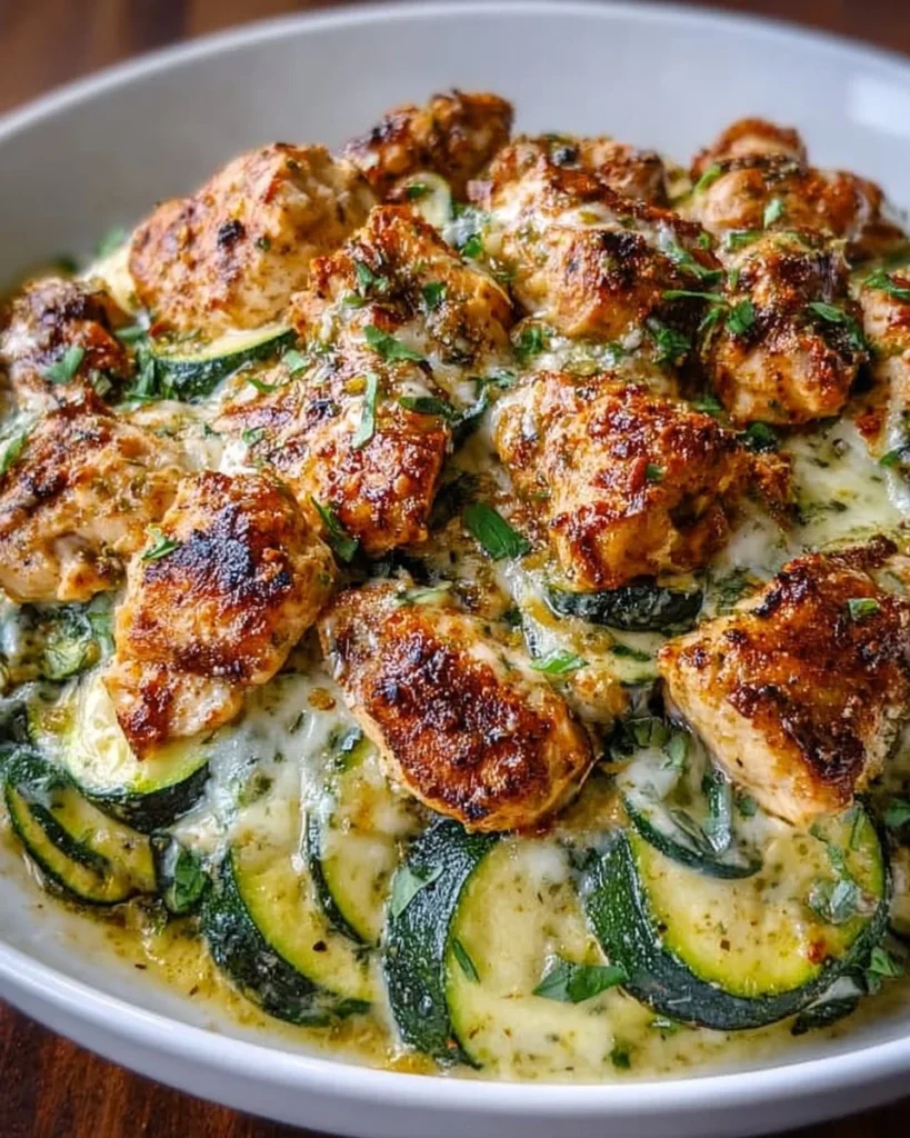 High Protein Chicken Zucchini Bake with chicken, zucchini, and cheese