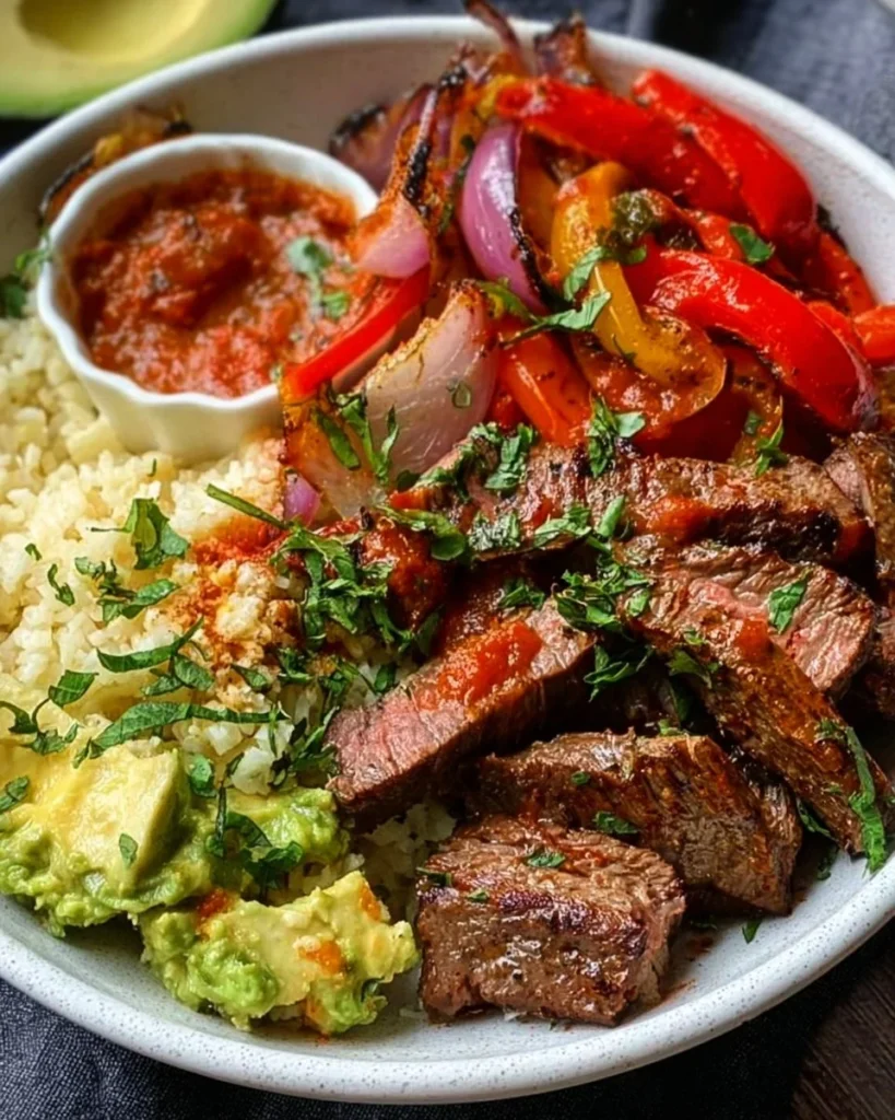 High protein steak fajita bowl with colorful vegetables and spices