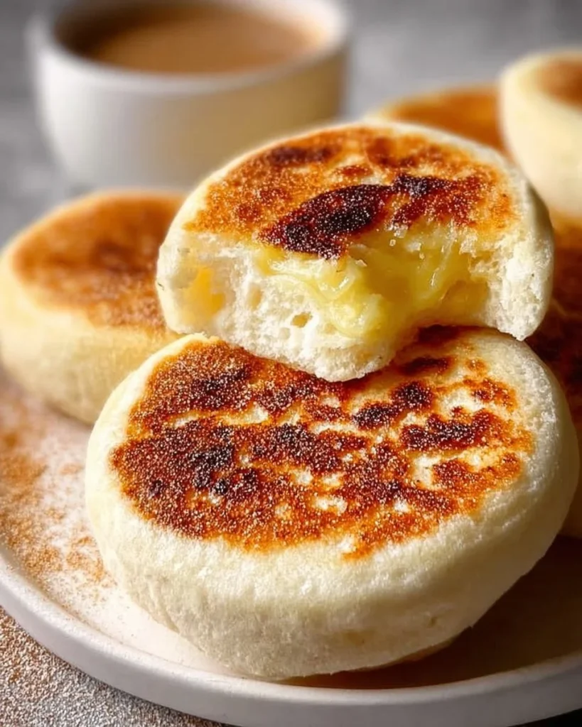 Freshly baked homemade English muffins on a wooden board