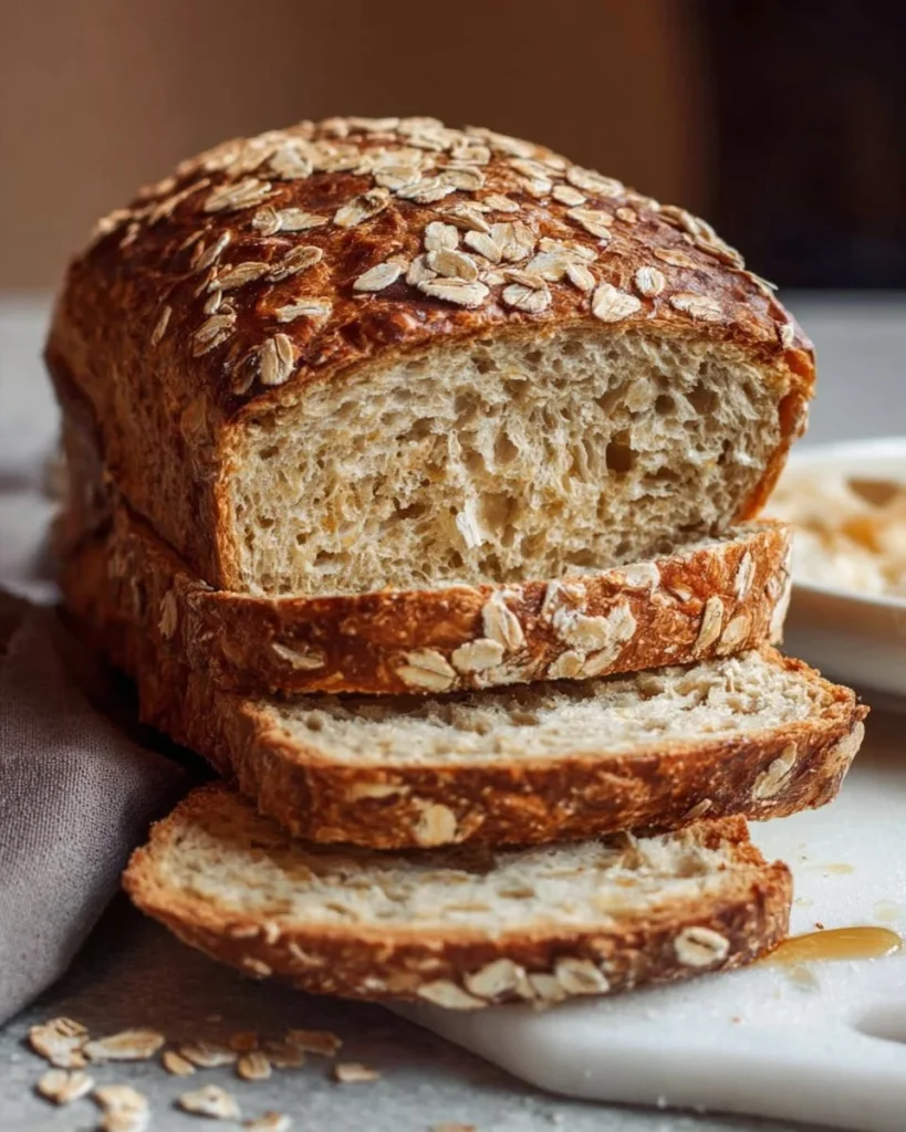 Loaf of honey oatmeal sourdough sandwich bread on a wooden cutting board