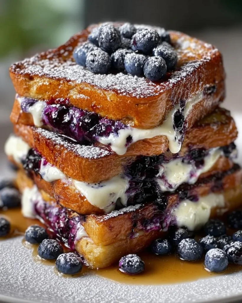 Delicious blueberry cheesecake stuffed French toast served on a plate