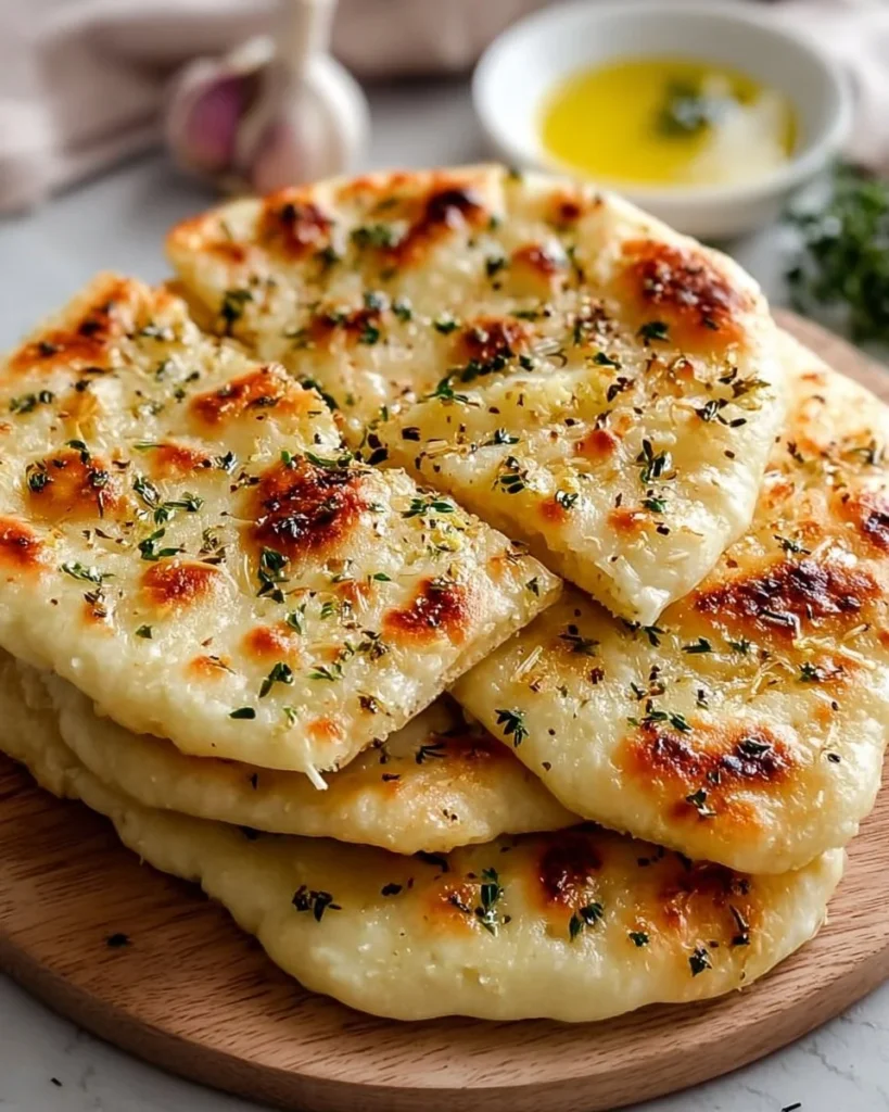 Freshly baked garlic keto flatbread served on a wooden board.