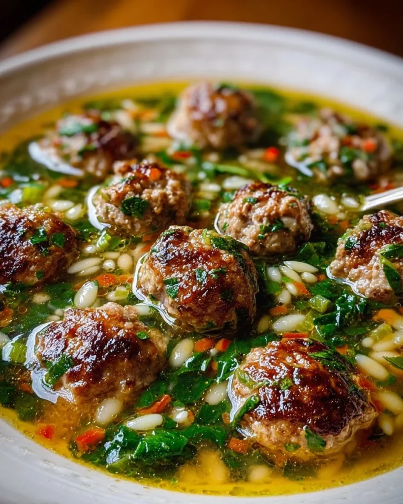 Bowl of Italian Meatball Wedding Soup with meatballs and vegetables