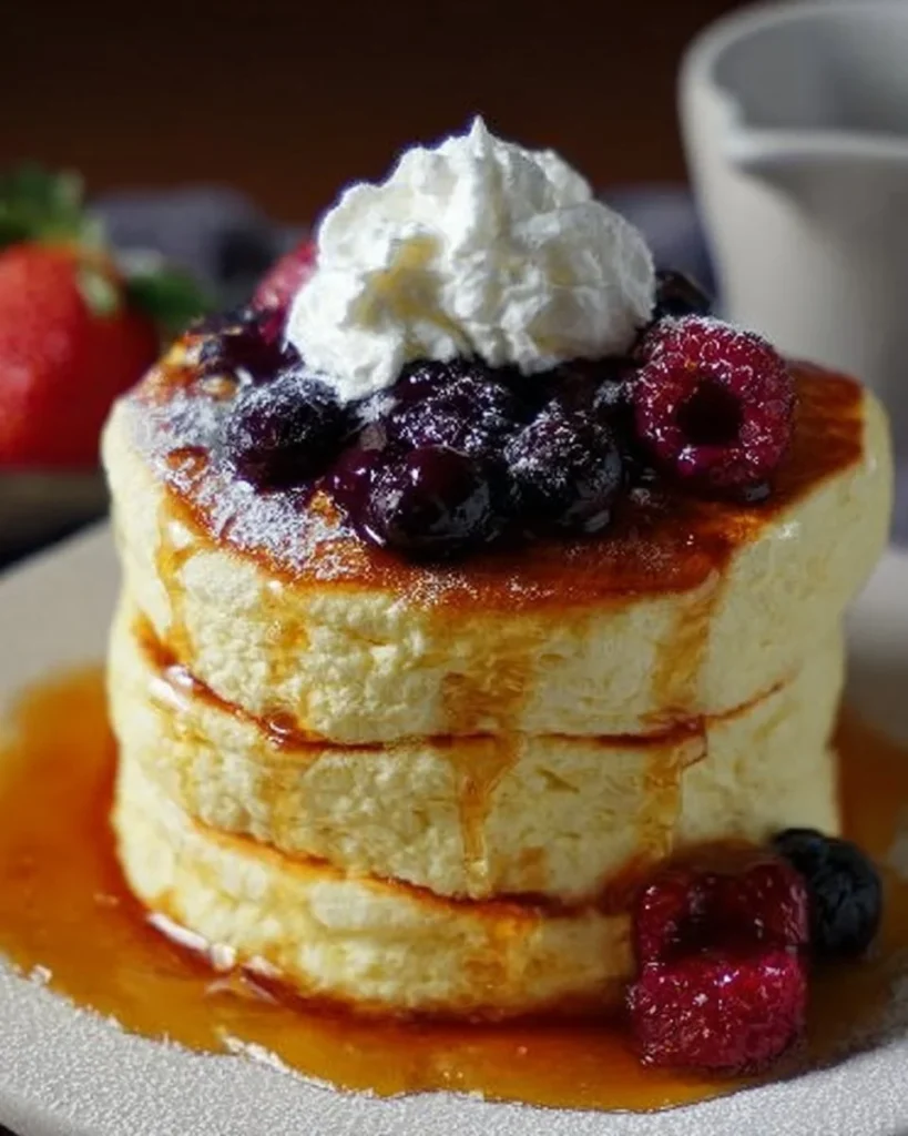 Fluffy Japanese souffle pancakes stacked with syrup and berries