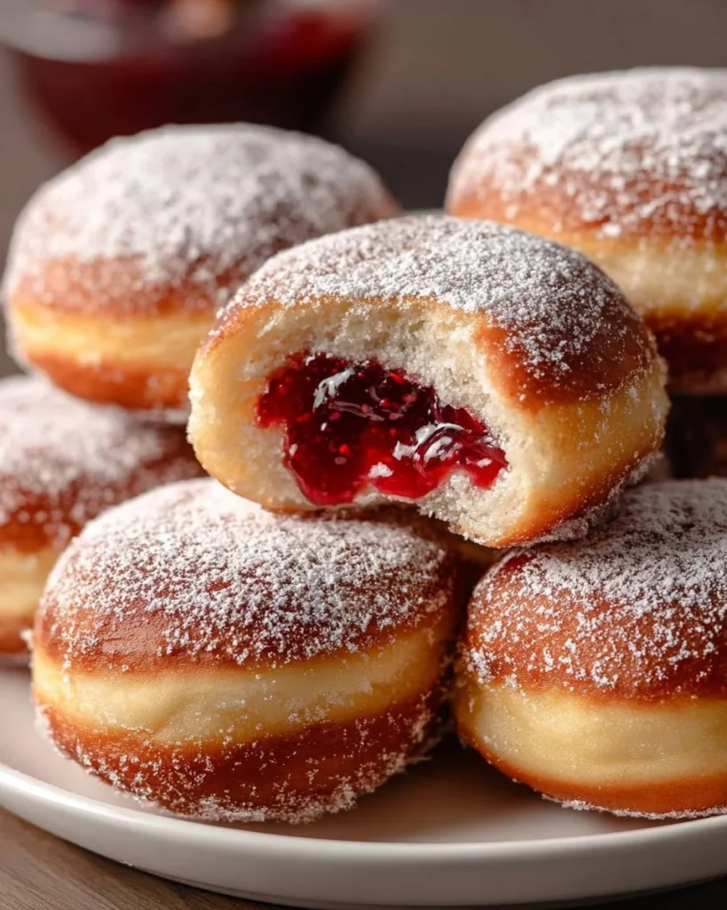 Freshly baked jelly donuts filled with vibrant fruit jam