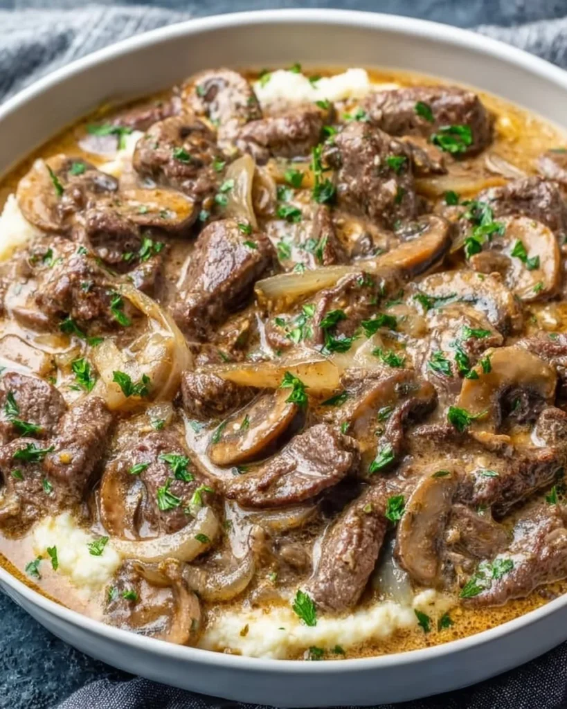 Delicious Keto Beef Stroganoff served with creamy sauce and mushrooms