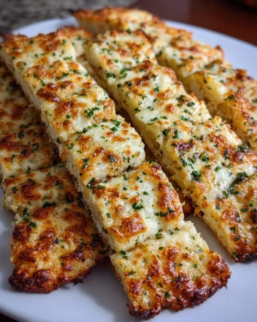 Keto Cauliflower Garlic Breadsticks served on a wooden platter.