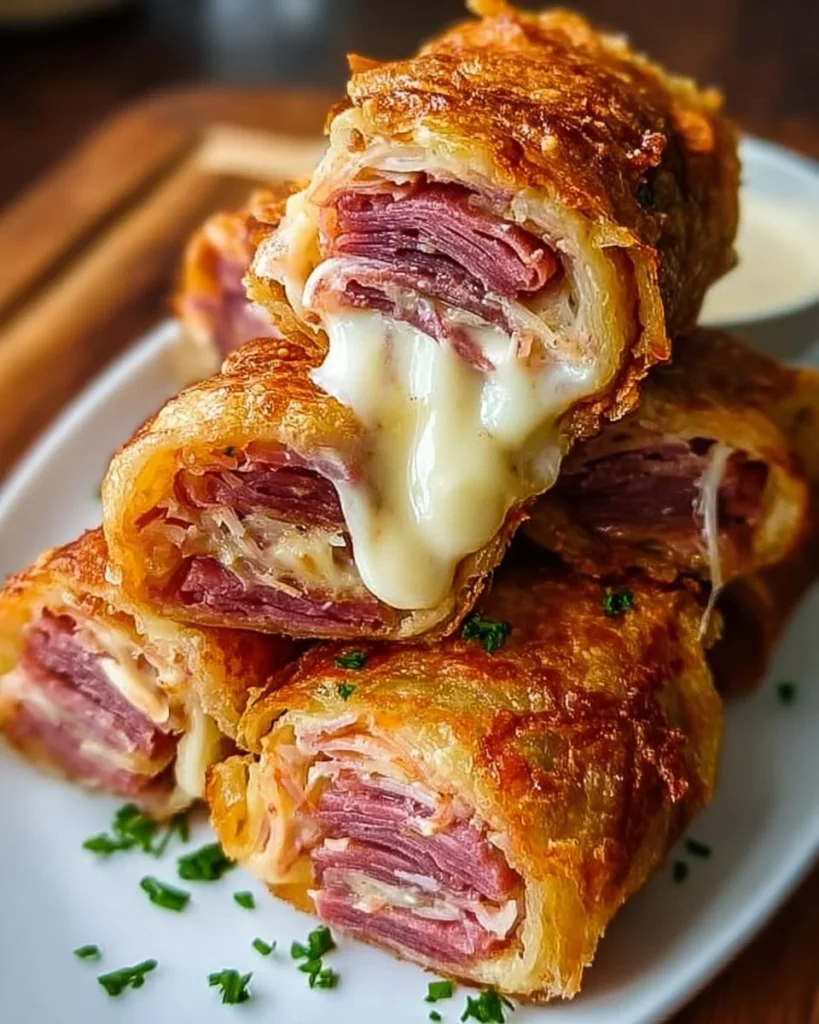 Delicious crispy Reuben Roll-Ups served on a platter, perfect for keto diets.