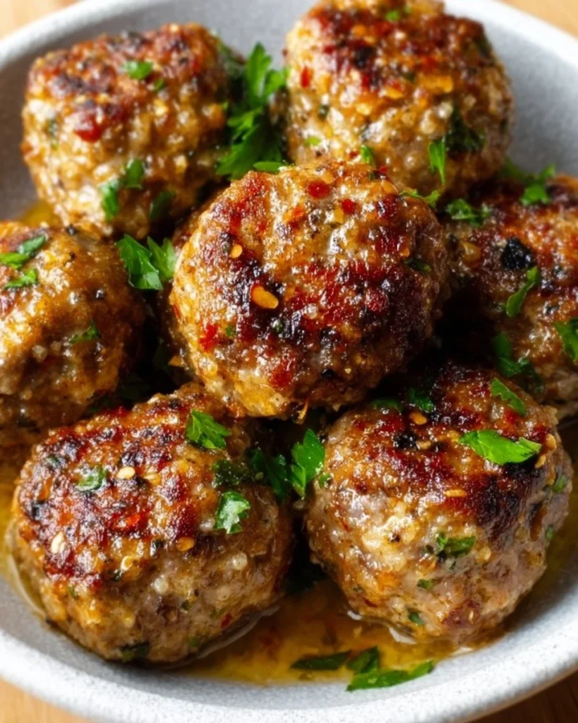 Keto garlic butter meatballs served on a plate with fresh herbs