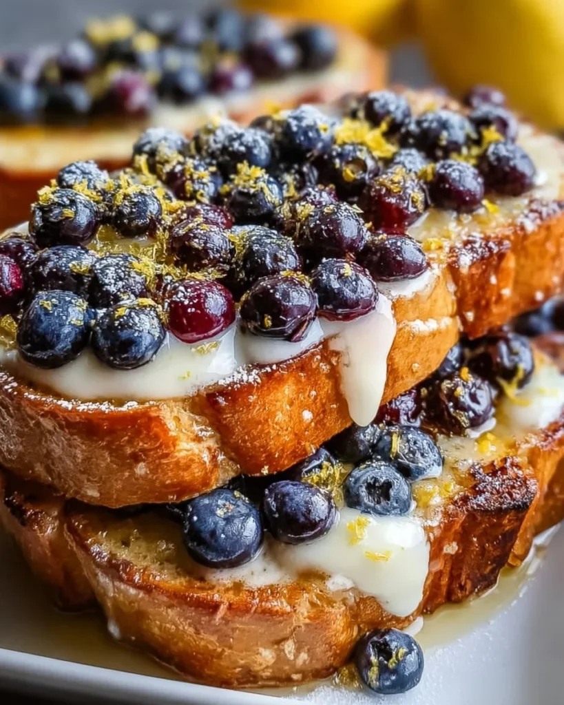 Lemon Blueberry Sourdough Toast topped with fresh blueberries and lemon zest