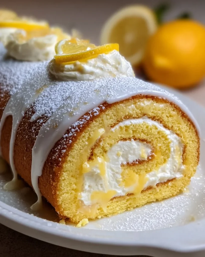 Lemon Cream Roll Cake with creamy filling and lemon zest on a rustic plate
